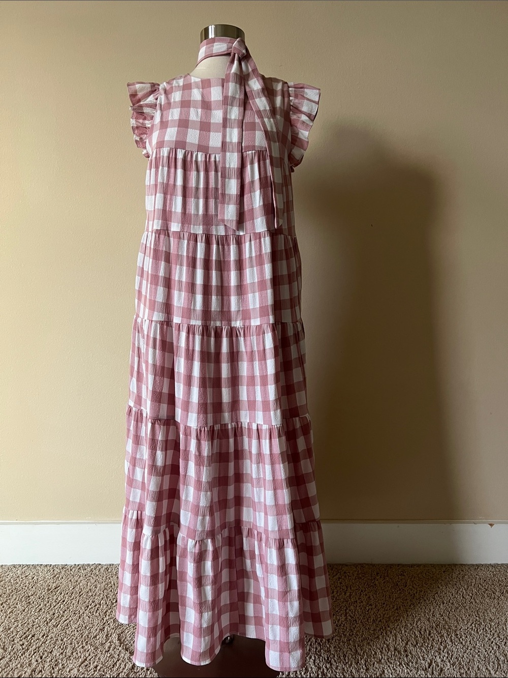 Pink Gingham Tiered Maxi Dress with Neck Tie